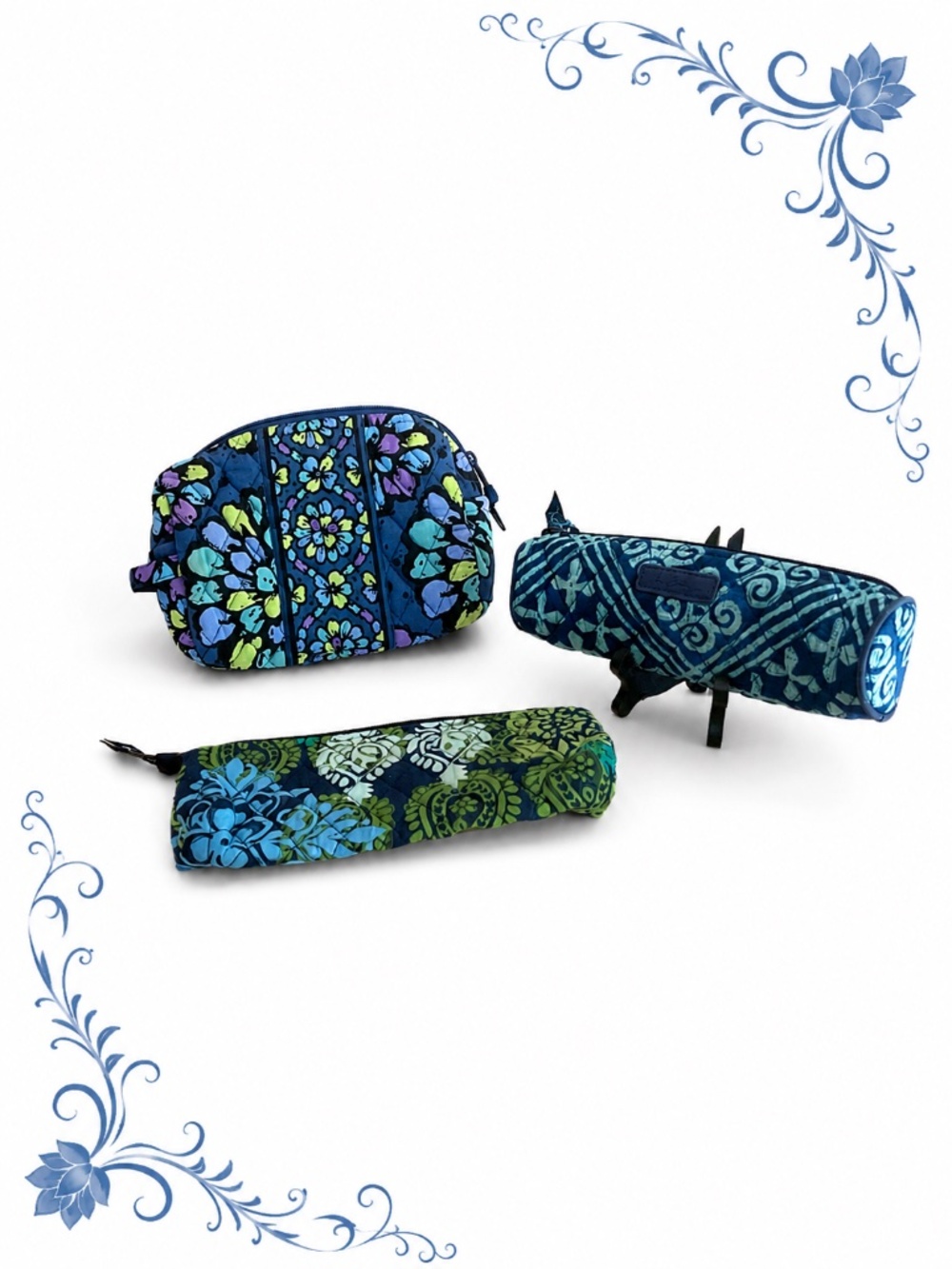 Vera Bradley Quilted Travel Makeup Bags Blue Floral Pattern Set of 3